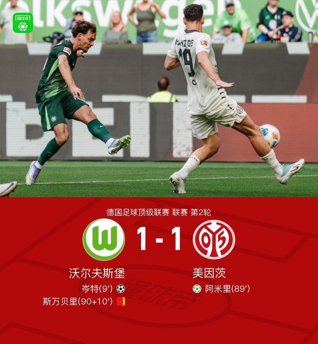 沃尔夫斯堡1-1美因茨，岑特破门，阿米里救主
